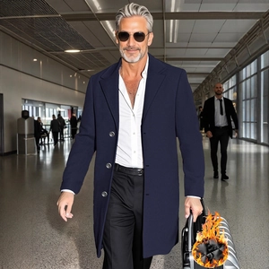 Men's navy blue single-breasted wool blend coat with classic lapel in business style
