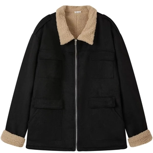 Men's black outdoor work jacket with warm faux shearling collar and four utility pockets
