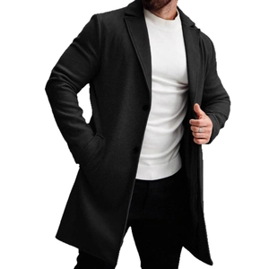 Classic men's black single-breasted wool blend trench coat in a long length style