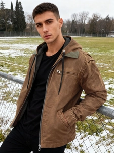 Men's heavy duty vintage brown hooded work jacket with warm fleece lining and zipper