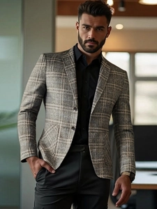 Slim fit light grey plaid men's business casual blazer with two-button closure