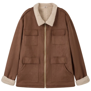 Men's dark brown faux suede winter jacket with cream sherpa lining and four utility pockets