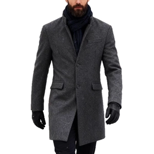 Dunkelgrauer Wollmantel für Herren mit Stehkragen und einreihigem Design für den Winter