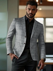 Men's light grey plaid business casual blazer with two-button design on a model