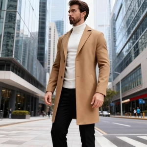 Classic camel men's single-breasted wool trench coat in an urban business casual style
