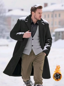 Men's long black wool coat with single-breasted design and quilted warm lining