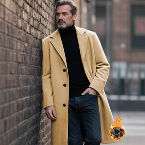 Men's long wool blend overcoat in ginger with warm quilted lining and single-breasted design