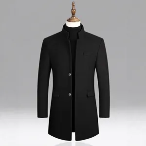 Manteau Homme Business Casual Mi-long Mélange de Laine Col Montant Coupe Ajustée Pardessus d'Hiver Couleur Unie Veste à Boutons