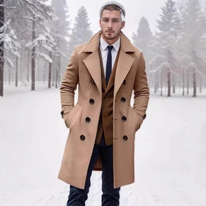 Classic camel men's double-breasted wool coat with notch lapels in snowy outdoor scene