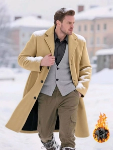 Men's camel wool overcoat with classic lapels and warm lining in outdoor winter setting