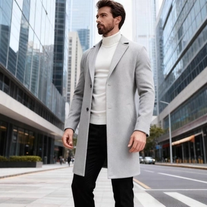 Classic grey single-breasted wool trench coat for men with a business casual style