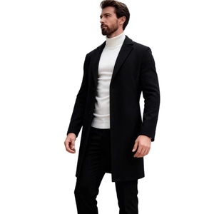 Classic men's black single-breasted trench coat with business casual mid-length wool design
