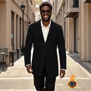 Men's single-breasted black wool coat for business casual wear with thermal lining