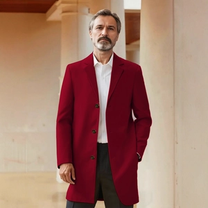 Classic men's wine red long business trench coat featuring a notched lapel and three buttons