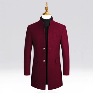 Manteau bordeaux pour homme en laine avec col montant et coupe ajustée élégante
