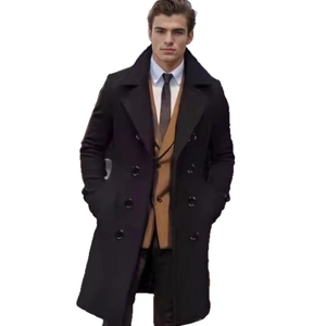 Classic mens black double-breasted wool overcoat with formal notch lapel for winter