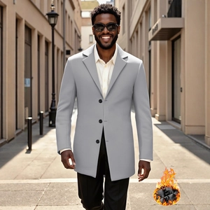 Men's light grey wool blend overcoat with single-breasted buttons and thick warm lining