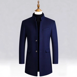 Manteau en laine bleu marine pour homme avec col montant et boutonnage simple