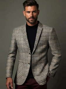 Men's business casual grey plaid blazer jacket with notch lapel and single-breasted design