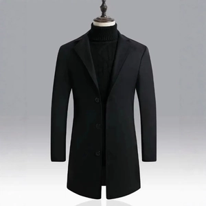 Classic black mid-length men's wool blend coat with notched lapel and three-button design
