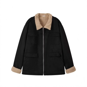 Men's winter thick fleece jacket in black with beige sherpa collar and utility pockets