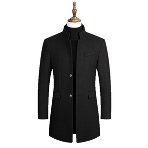 Manteau classique en laine noir pour homme avec col montant et coupe élégante slim