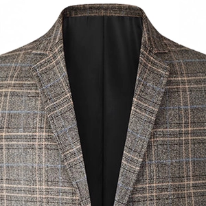 Men's business casual blazer in brown-grey plaid pattern with notch lapel detail