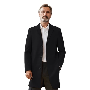 Classic men's black business trench coat with three-button single-breasted design and lapels