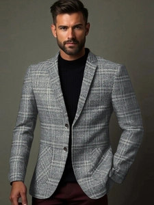 Slim fit men's grey plaid blazer jacket with business casual pattern and notched lapels