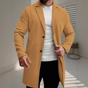 Classic camel single-breasted wool blend trench coat for men with a slim fit formal style