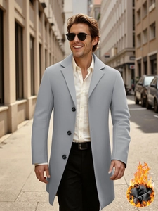 Men's wool coat in light blue-grey, single-breasted design with warm quilted lining