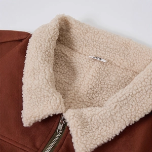 Men's brown suede jacket with warm sherpa collar and heavy zipper closure in XL