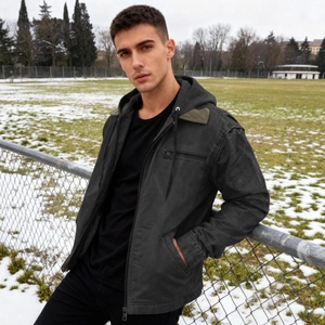 Men's heavy winter jacket in dark grey with green patchwork hood and zipper closure
