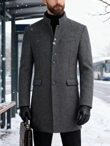 Men's slim fit dark grey wool blend overcoat with high stand collar and button closure