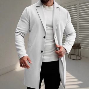 Classic white single-breasted men's trench coat with notch lapel and a mid-length fit