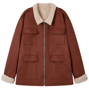 Men's brown faux suede jacket with thick sherpa lining and four utility pockets