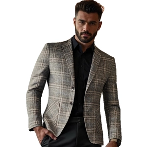 Men's slim fit plaid blazer in grey and khaki with classic notched lapels for business style