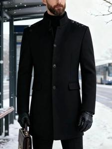 Men's slim fit black wool blend winter overcoat with standing collar and button details