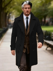 Classic black double-breasted woolen coat for men featuring a stylish notched lapel