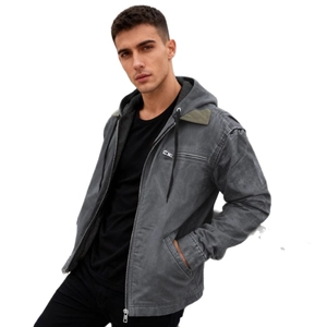 Men's heavy warm winter cargo jacket in dark grey with hood and fleece lining