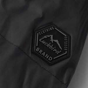 Men's winter black hooded down jacket with Luckbird brand outdoor badge on sleeve