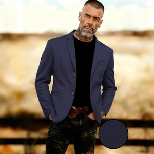 Slim fit dark blue men's blazer with two-button closure and subtle twill texture