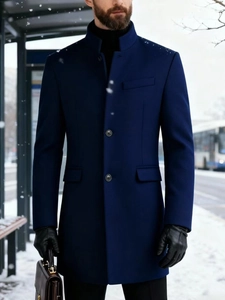 Slim fit men's wool blend overcoat in navy blue with stand collar and single-breasted design