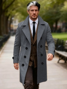 Men's double-breasted grey wool trench coat with large lapels in a business style