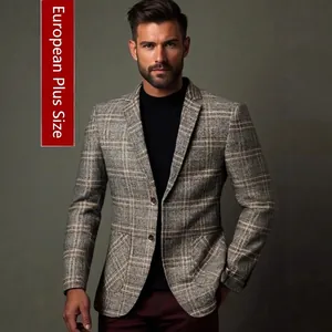 Men Business Casual Plaid Blazer Notch Lapel Slim Fit Polyester Suit Jacket Grid Check Sport Coat For Daily Office