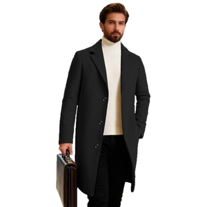 Classic men's black single-breasted wool trench coat with professional business styling