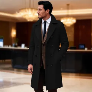 Men Double Breasted Long Overcoat Business Casual Solid Color Lapel Trench Coat British Style Slim Fit Outerwear Overcoat