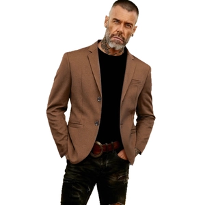 Men's casual brown tweed-style blazer with notched lapels and two-button closure design