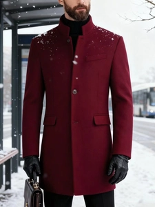 Men's slim fit burgundy wool blend overcoat with a stand collar for winter warmth