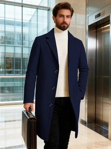 Classic men's single-breasted navy wool coat in business style for autumn and spring